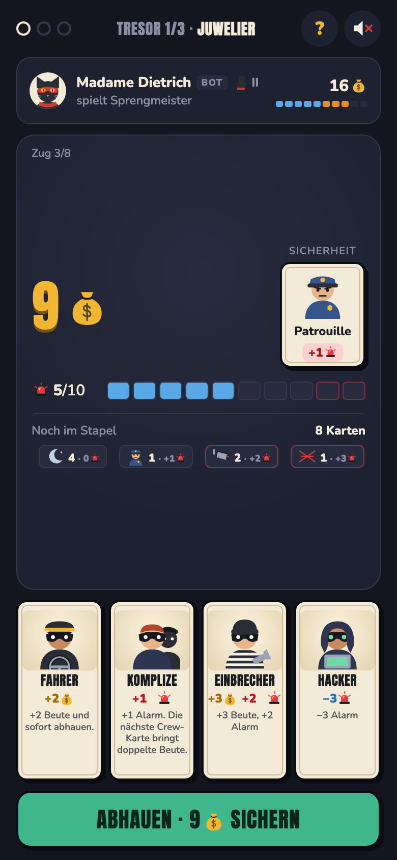 Spielszene: 9 Beute, Alarm 5 von 10. Oben die Spur des Gegners mit 16 Beute, unten vier Crew-Karten und der Knopf „Abhauen · 9 sichern“.